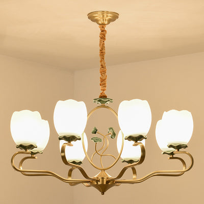 Traditioneller chinesischer Lotus-Rundkupfer-Keramik-Glas 3/6/8 Licht-Kronleuchter für Wohnzimmer 
