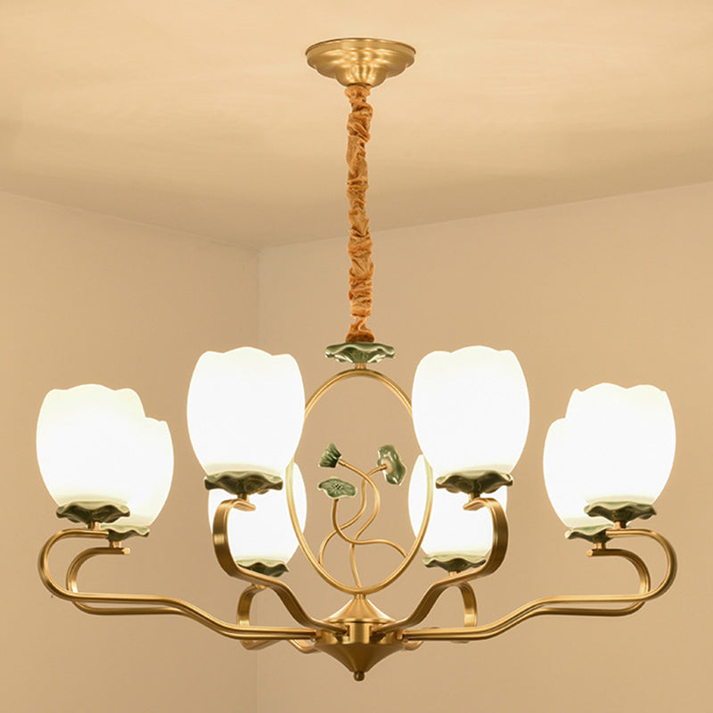 Traditioneller chinesischer Lotus-Rundkupfer-Keramik-Glas 3/6/8 Licht-Kronleuchter für Wohnzimmer 
