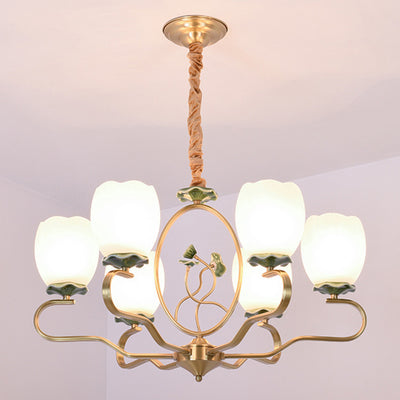 Traditioneller chinesischer Lotus-Rundkupfer-Keramik-Glas 3/6/8 Licht-Kronleuchter für Wohnzimmer 
