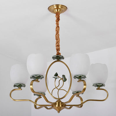 Traditioneller chinesischer Lotus-Rundkupfer-Keramik-Glas 3/6/8 Licht-Kronleuchter für Wohnzimmer 
