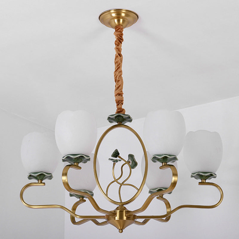 Traditioneller chinesischer Lotus-Rundkupfer-Keramik-Glas 3/6/8 Licht-Kronleuchter für Wohnzimmer 