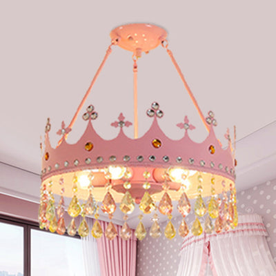 Chandelier Contemporain Créatif pour Enfants Filles Couronne Ronde en Fer et Cristal à 5 Lumières pour Chambre 