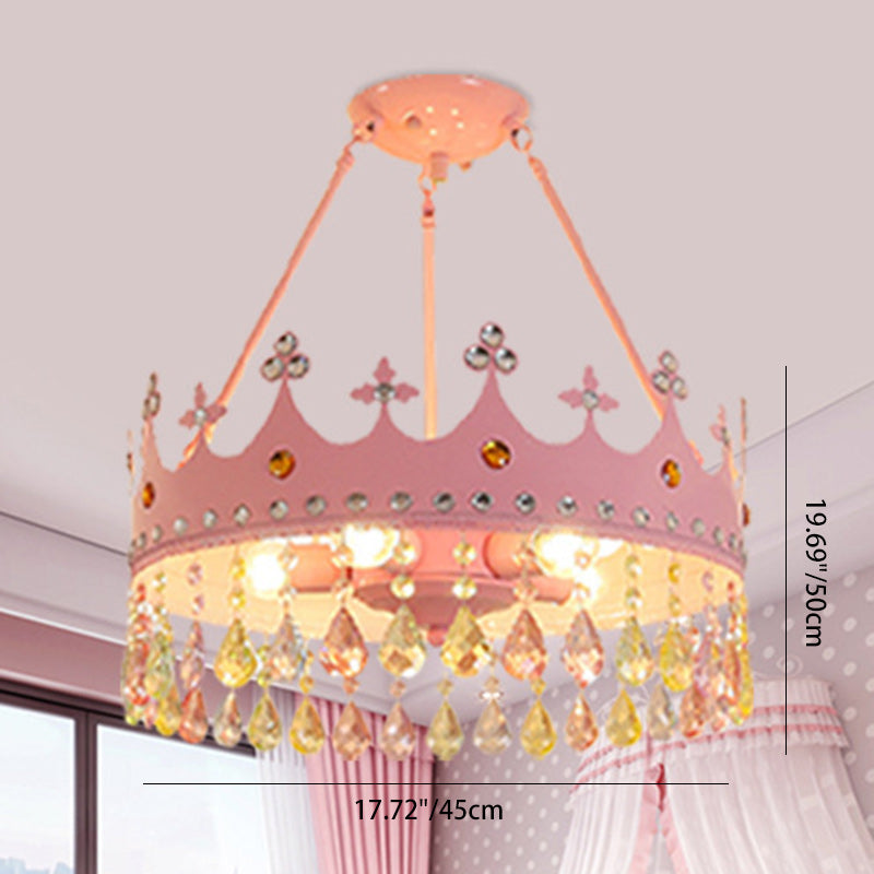 Chandelier Contemporain Créatif pour Enfants Filles Couronne Ronde en Fer et Cristal à 5 Lumières pour Chambre 