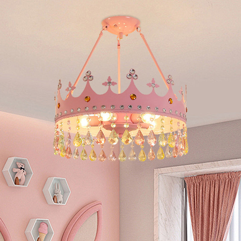 Chandelier Contemporain Créatif pour Enfants Filles Couronne Ronde en Fer et Cristal à 5 Lumières pour Chambre 