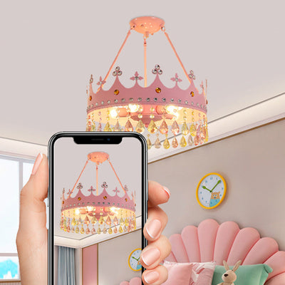 Chandelier Contemporain Créatif pour Enfants Filles Couronne Ronde en Fer et Cristal à 5 Lumières pour Chambre 