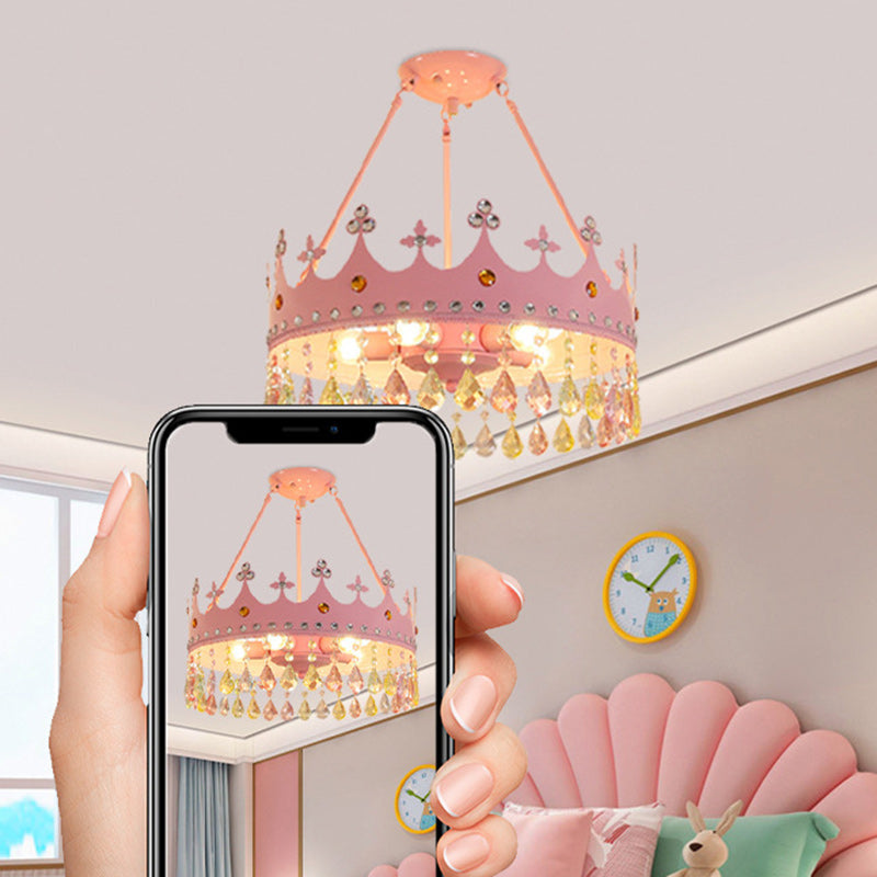 Chandelier Contemporain Créatif pour Enfants Filles Couronne Ronde en Fer et Cristal à 5 Lumières pour Chambre 