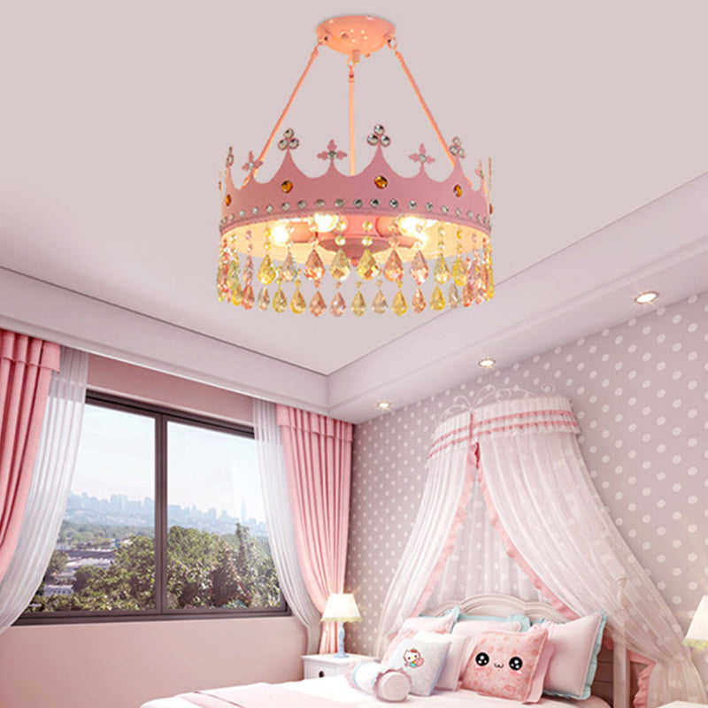 Chandelier Contemporain Créatif pour Enfants Filles Couronne Ronde en Fer et Cristal à 5 Lumières pour Chambre 