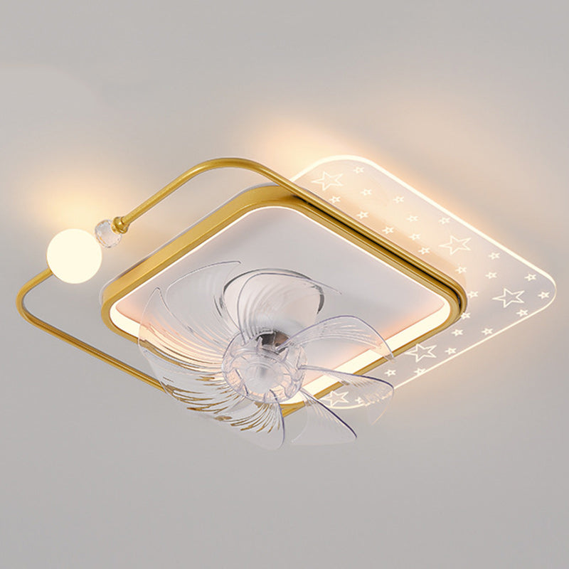 Ventilateur de plafond à montage affleurant avec lumière LED en ABS rond carré ovale scandinave contemporain et matériel en cuivre pour chambre 