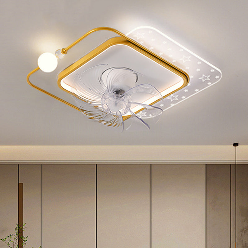 Ventilateur de plafond à montage affleurant avec lumière LED en ABS rond carré ovale scandinave contemporain et matériel en cuivre pour chambre 