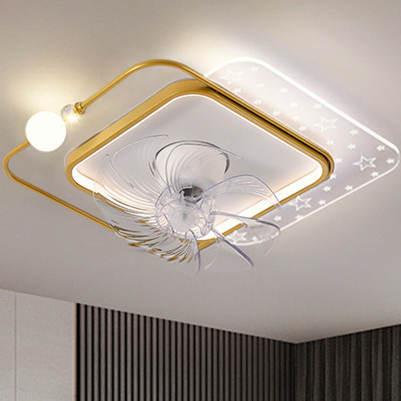 Ventilateur de plafond à montage affleurant avec lumière LED en ABS rond carré ovale scandinave contemporain et matériel en cuivre pour chambre 
