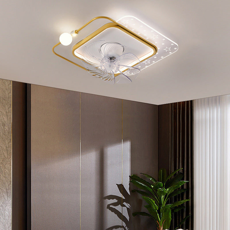 Ventilateur de plafond à montage affleurant avec lumière LED en ABS rond carré ovale scandinave contemporain et matériel en cuivre pour chambre 