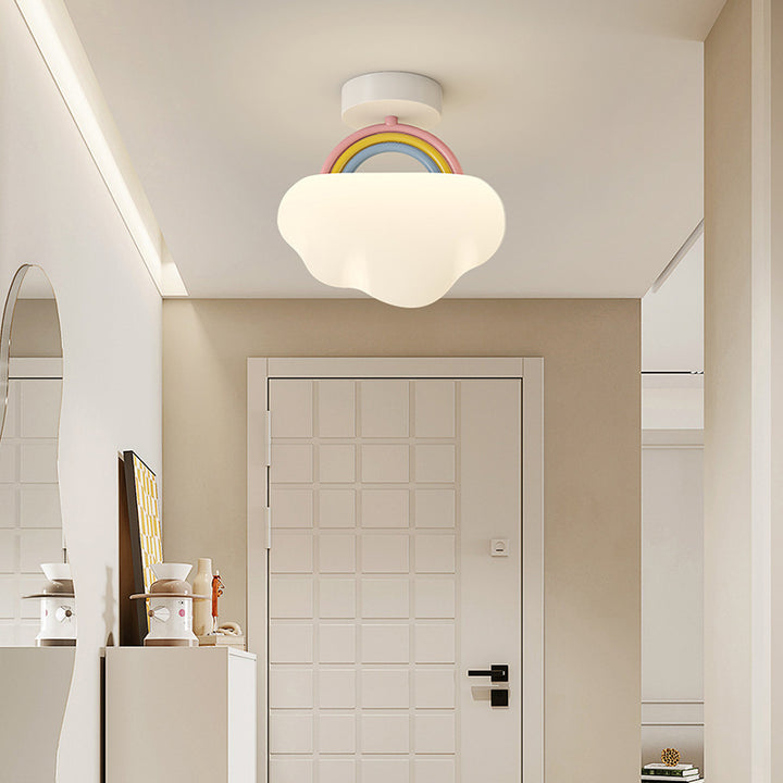 Contemporary Creative Cream Rainbow Clouds PE Iron LED Semi-Flush Mount Ceiling Light For Bedroom