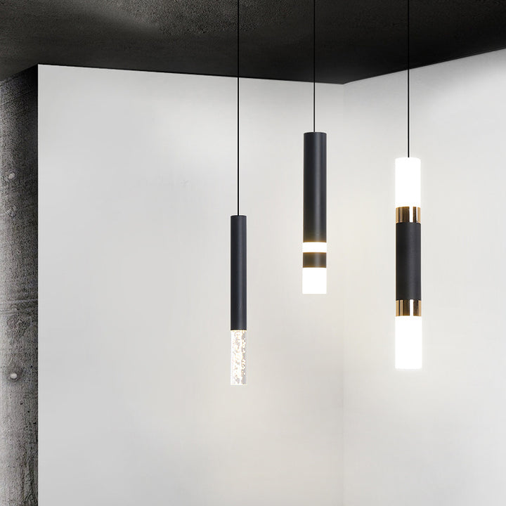Suspension LED en cylindre long rond en fer et acrylique scandinave contemporain pour chambre 