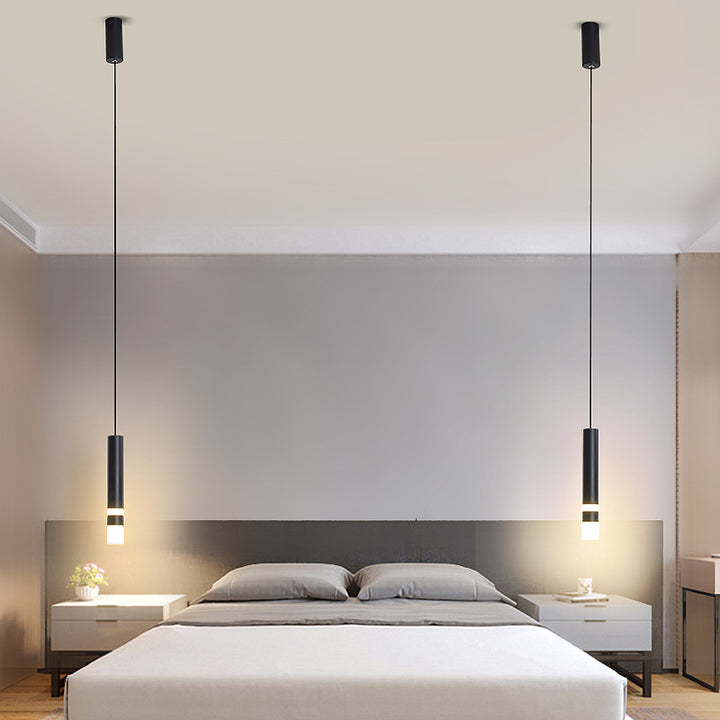 Suspension LED en cylindre long rond en fer et acrylique scandinave contemporain pour chambre 
