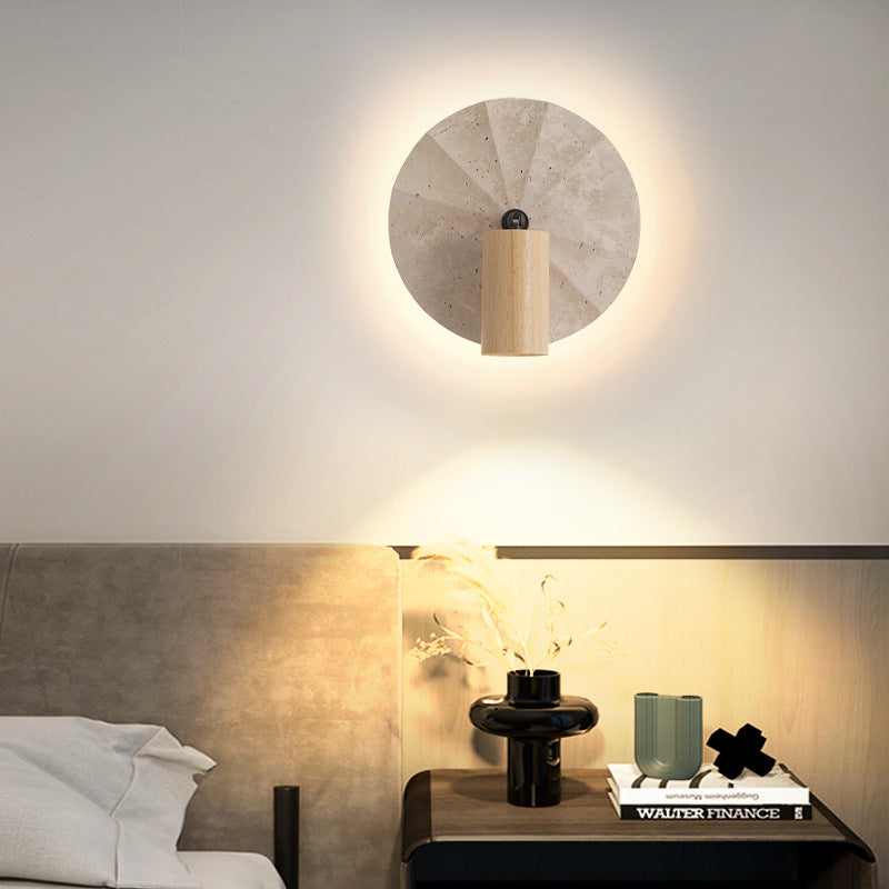 Lámpara Aplique de Pared Contemporánea Escandinava Cilíndrica Redonda de Travertino Amarillo de Madera de 1 Luz para Dormitorio 
