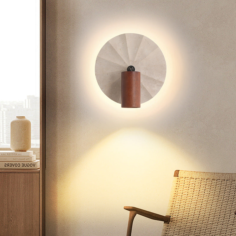 Lámpara Aplique de Pared Contemporánea Escandinava Cilíndrica Redonda de Travertino Amarillo de Madera de 1 Luz para Dormitorio 