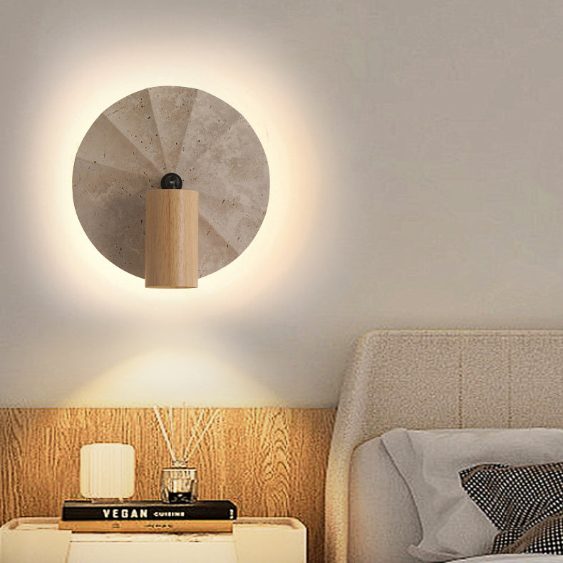 Lámpara Aplique de Pared Contemporánea Escandinava Cilíndrica Redonda de Travertino Amarillo de Madera de 1 Luz para Dormitorio 
