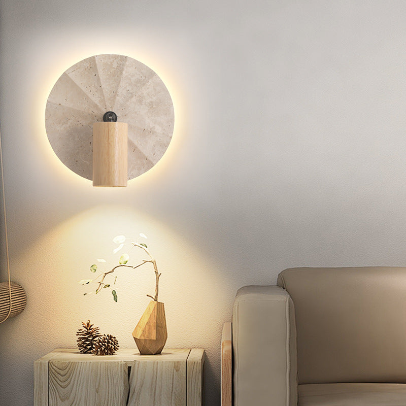 Lámpara Aplique de Pared Contemporánea Escandinava Cilíndrica Redonda de Travertino Amarillo de Madera de 1 Luz para Dormitorio 