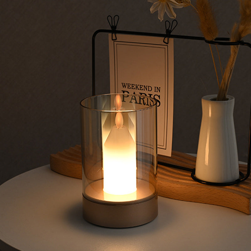 Moderne minimalistische USB-Simulationskerze Zylinder Metall ABS Glas LED Tischlampe für Schlafzimmer 