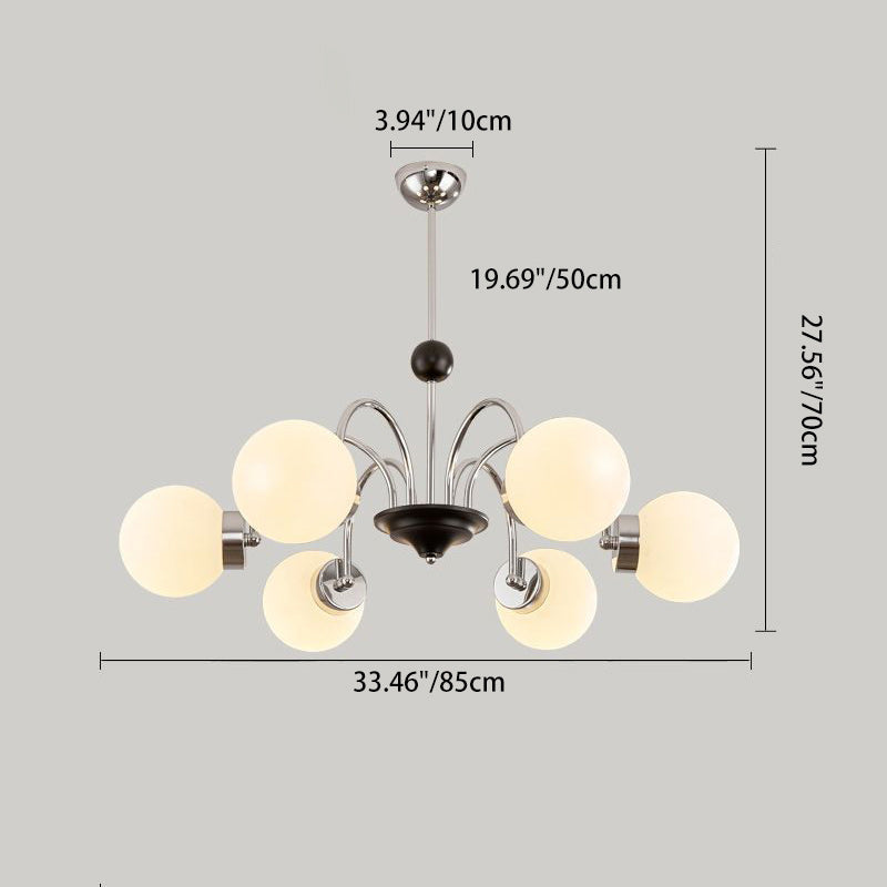 Zeitgenössischer skandinavischer Creme-Magiebohne-Rundkugel-Eisen-Glas 3/5/6/8 Licht Kronleuchter für Wohnzimmer 