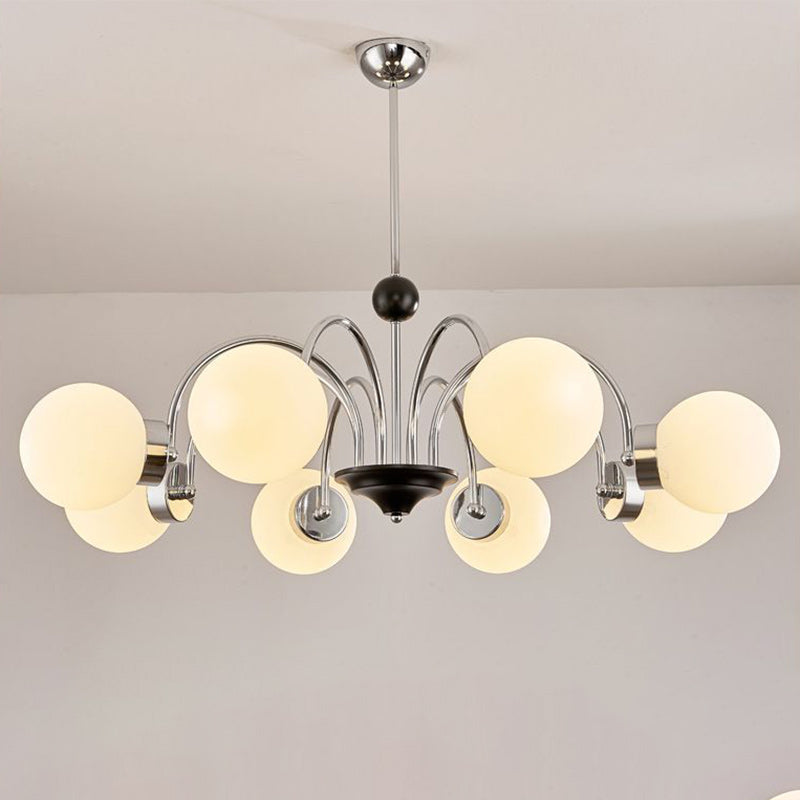 Zeitgenössischer skandinavischer Creme-Magiebohne-Rundkugel-Eisen-Glas 3/5/6/8 Licht Kronleuchter für Wohnzimmer 