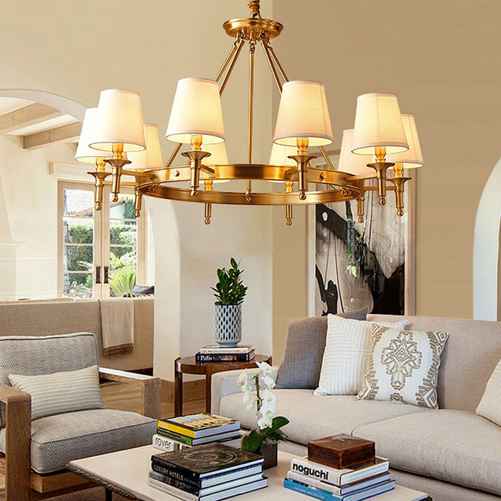 Traditional Vintage Round Cylinder Copper Fabric 5/6/8/10 Light Chandelier For Living Room
