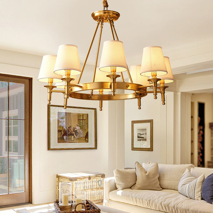 Traditional Vintage Round Cylinder Copper Fabric 5/6/8/10 Light Chandelier For Living Room