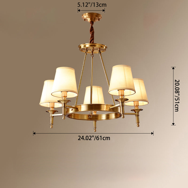 Traditional Vintage Round Cylinder Copper Fabric 5/6/8/10 Light Chandelier For Living Room