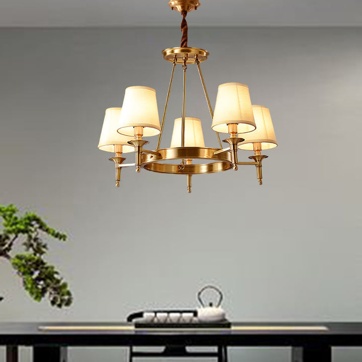 Traditional Vintage Round Cylinder Copper Fabric 5/6/8/10 Light Chandelier For Living Room