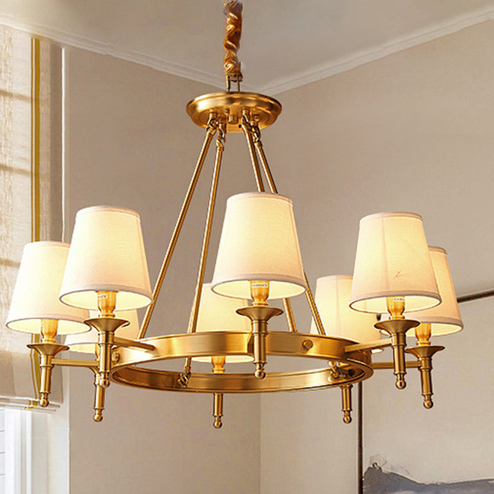 Traditional Vintage Round Cylinder Copper Fabric 5/6/8/10 Light Chandelier For Living Room