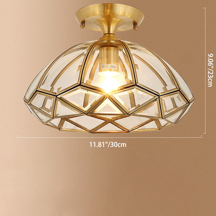 Traditional Vintage Diamond Cone Copper Glass 1-Light Semi-Flush Mount Ceiling Light For Hallway