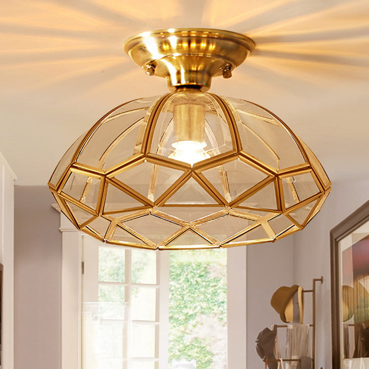 Traditional Vintage Diamond Cone Copper Glass 1-Light Semi-Flush Mount Ceiling Light For Hallway