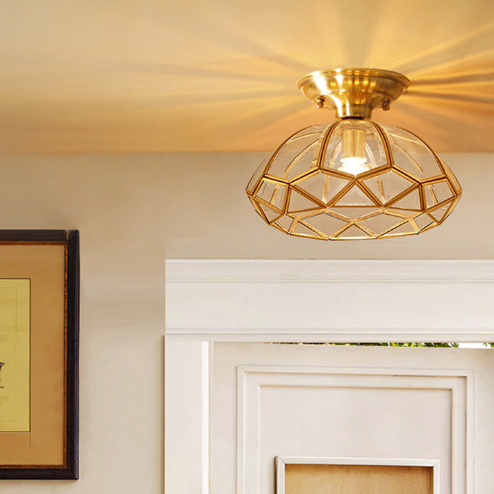 Traditional Vintage Diamond Cone Copper Glass 1-Light Semi-Flush Mount Ceiling Light For Hallway