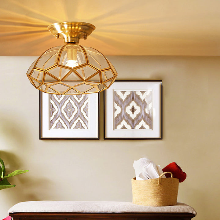 Traditional Vintage Diamond Cone Copper Glass 1-Light Semi-Flush Mount Ceiling Light For Hallway