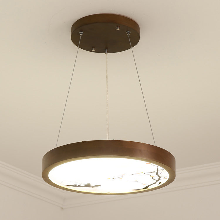 Traditional Vintage Round Solid Wood Acrylic LED Chandelier For Living Room