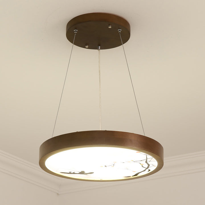 Traditional Vintage Round Solid Wood Acrylic LED Chandelier For Living Room