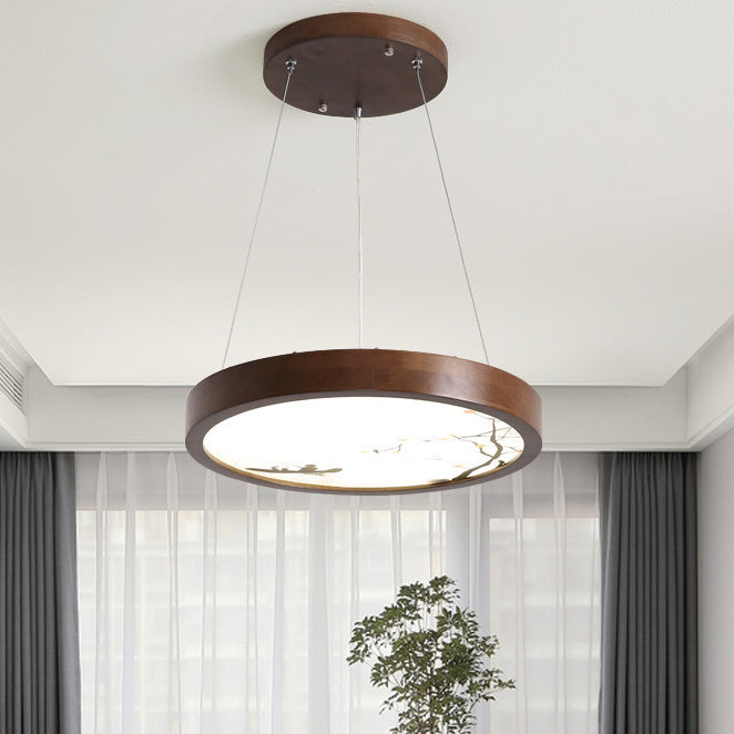 Traditional Vintage Round Solid Wood Acrylic LED Chandelier For Living Room