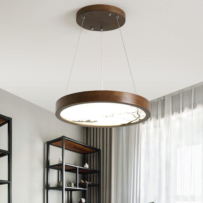 Traditional Vintage Round Solid Wood Acrylic LED Chandelier For Living Room