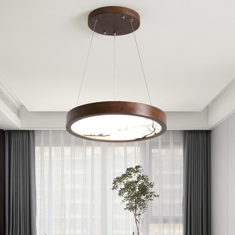 Traditional Vintage Round Solid Wood Acrylic LED Chandelier For Living Room