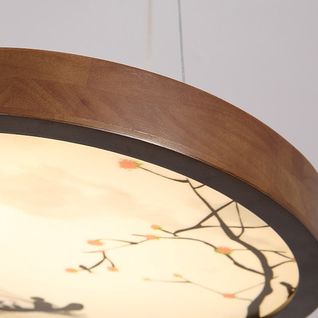 Traditional Vintage Round Solid Wood Acrylic LED Chandelier For Living Room