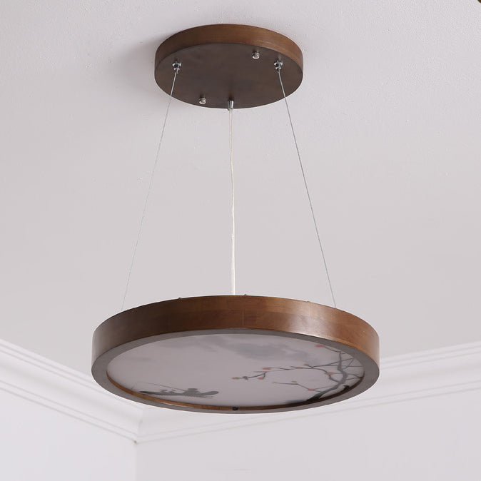 Traditional Vintage Round Solid Wood Acrylic LED Chandelier For Living Room