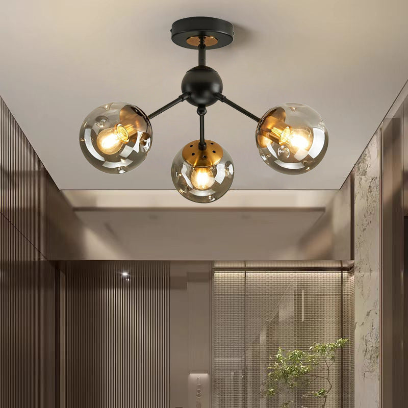 Contemporary Nordic Round Orb Iron Glass 1/3/5 Light Semi-Flush Mount Ceiling Light For Hallway