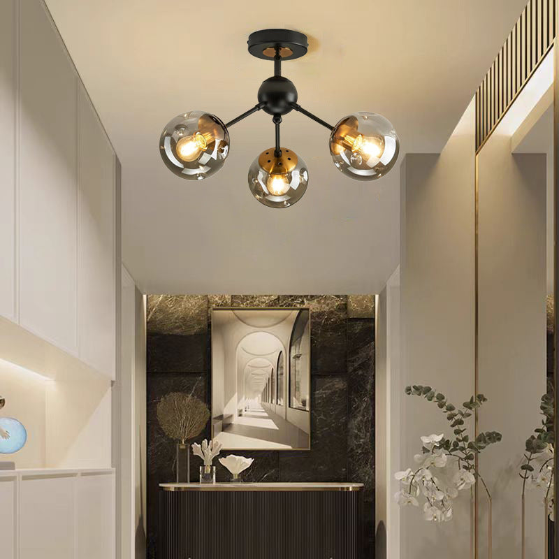 Contemporary Nordic Round Orb Iron Glass 1/3/5 Light Semi-Flush Mount Ceiling Light For Hallway