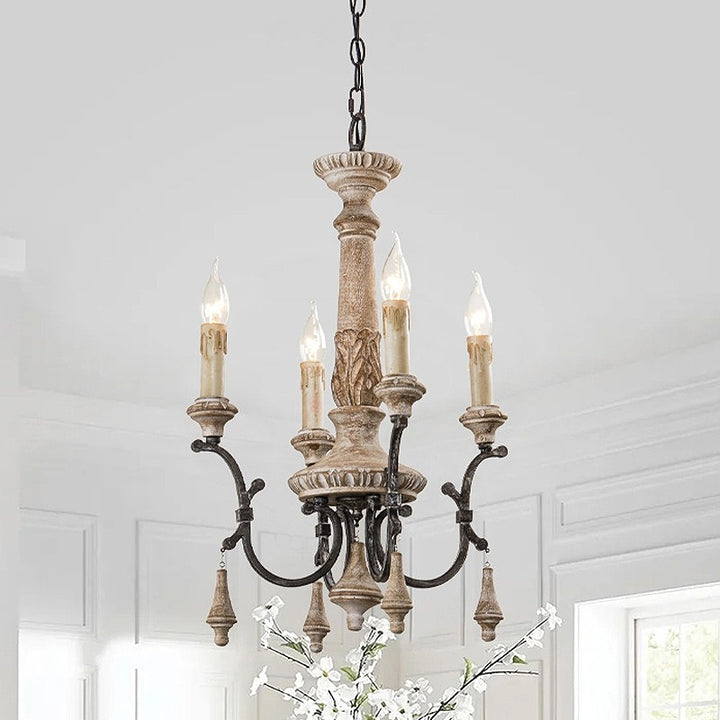 Traditional Vintage Carved Candle Shape Round Ironwood 4/6 Light Chandelier For Living Room