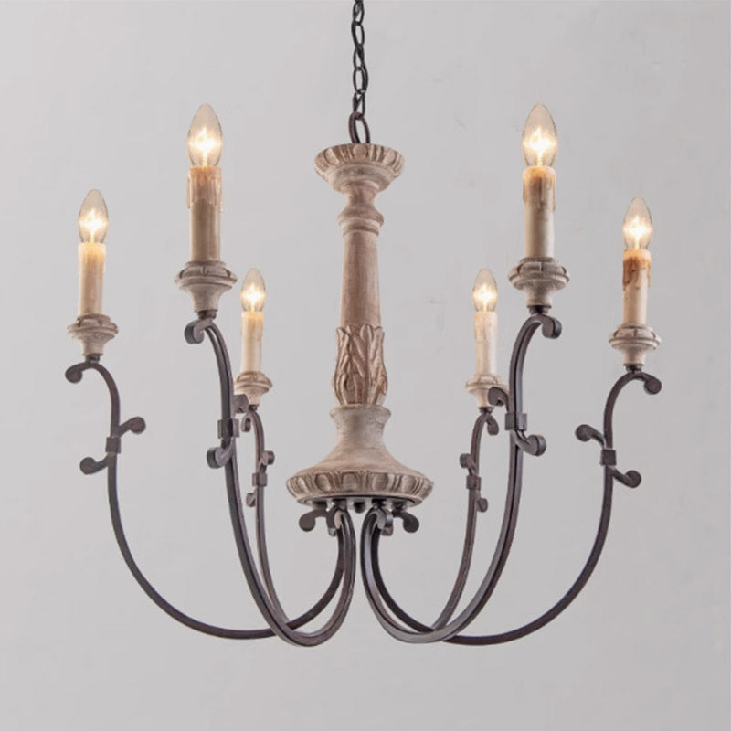 Traditional Vintage Carved Candle Shape Round Ironwood 4/6 Light Chandelier For Living Room