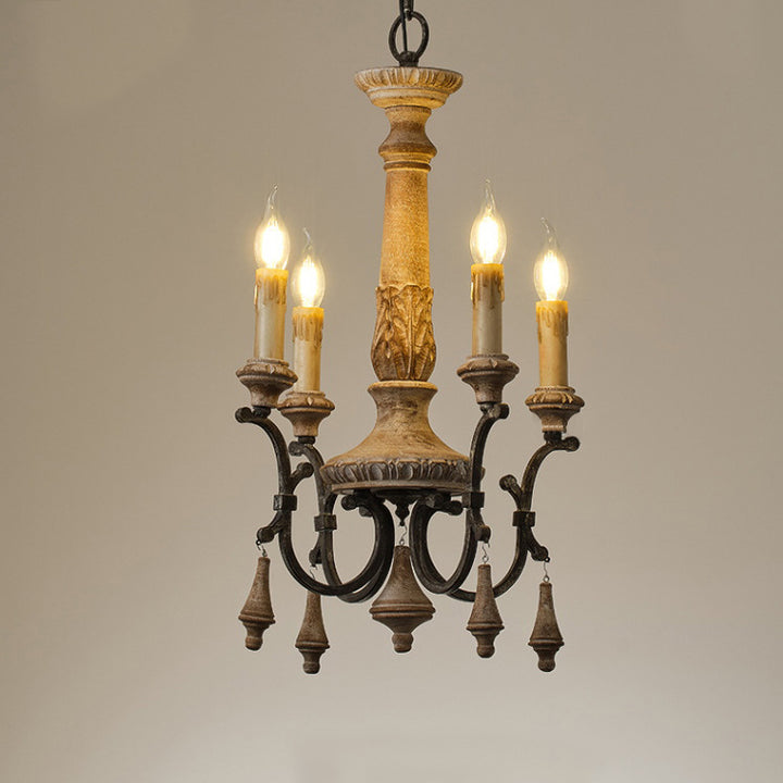 Traditional Vintage Carved Candle Shape Round Ironwood 4/6 Light Chandelier For Living Room
