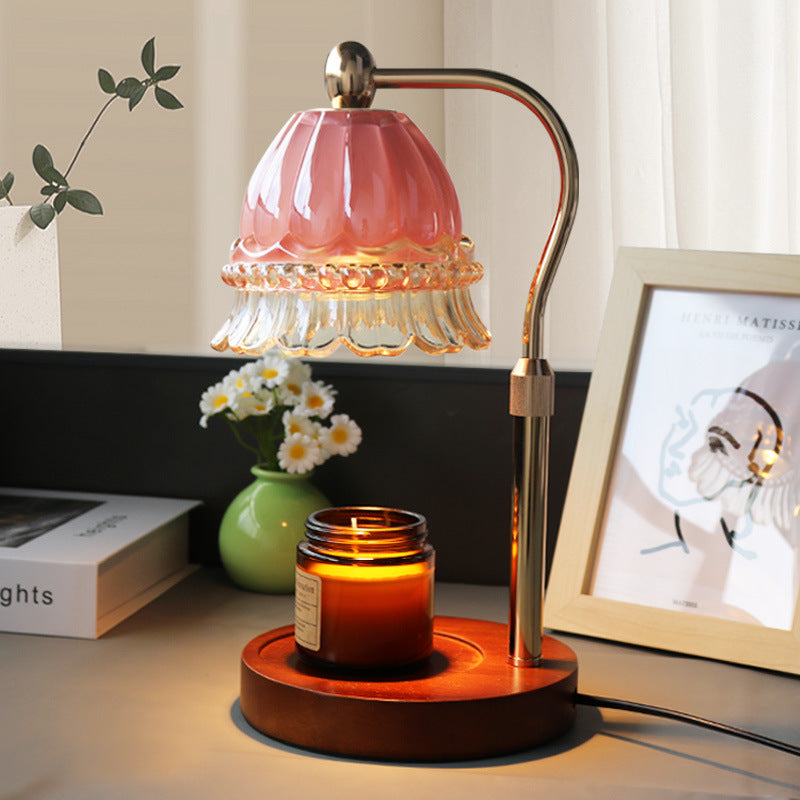 Modern Art Deco Liftable Bell Orchid Iron Glass Wood 1-Light Melting Wax Table Lamp For Bedroom