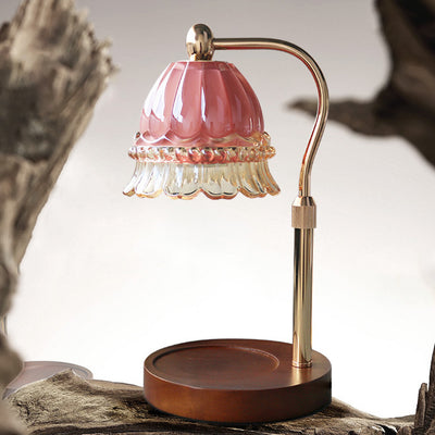 Modern Art Deco Liftable Bell Orchid Iron Glass Wood 1-Light Melting Wax Table Lamp For Bedroom