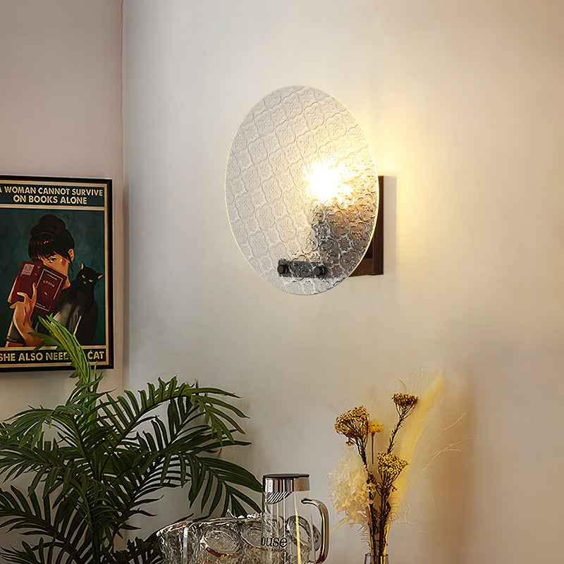 Traditional Japanese Tote Shape Round Iron Glass 1-Light Wall Sconce Lamp For Bedroom
