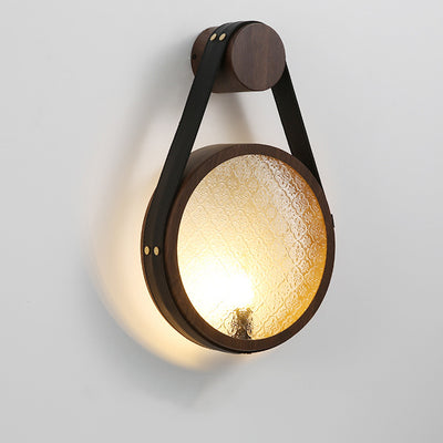 Traditional Japanese Tote Shape Round Iron Glass 1-Light Wall Sconce Lamp For Bedroom